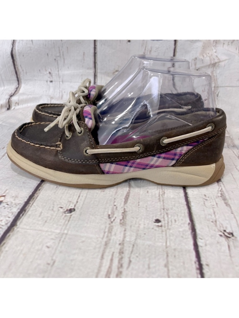 SPERRY Top Sider Angelfish 4 Eye Boat Shoes Brown/Pink Plaid-6M